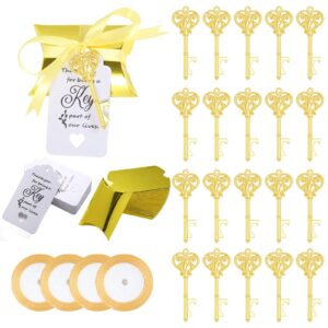 xhipy 100 sets skeleton key bottle opener wedding favors, bridal shower gift for guests with thank you tag card pillow candy box and satin ribbon (gold)