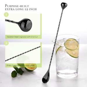 Homestia 2 in 1 Bar Spoon with Muddler, Stainless Steel Cocktail Spoon Long Handle Drink Stirrer, 12" Black Mixing Spoons Muddler Spoon, Extra Long Spoon with Droplet-Shaped Muddler for Cocktails