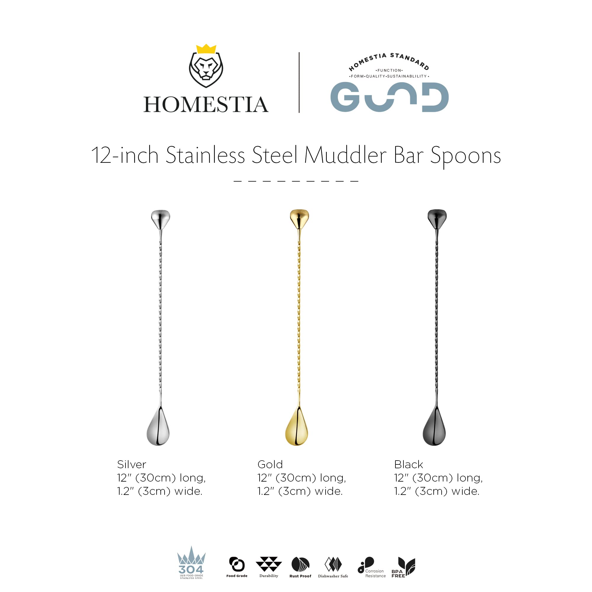 Homestia 2 in 1 Bar Spoon with Muddler, Stainless Steel Cocktail Spoon Long Handle Drink Stirrer, 12" Black Mixing Spoons Muddler Spoon, Extra Long Spoon with Droplet-Shaped Muddler for Cocktails