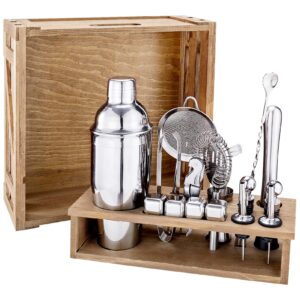 Oyydecor 18 Piece Cocktail Shaker Set with Rustic Pine Stand, Gifts for Men Dad Grandpa,Stainless Steel Bartender Kit Bar Tools Set, Home, Bars, Parties and Traveling (Silver)