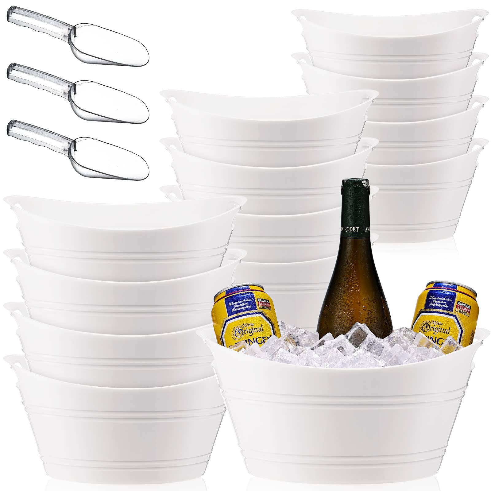 Geelin 12 Pcs Plastic Ice Bucket Ice Tub Clear Wine Champagne Wine Bucket Beer Bucket Drink Bucket Cooler Chiller Bin Parties Oval Storage Tub with 3 Ice Scoops for Cocktail (White)