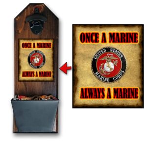 marine corps bottle opener and cap catcher, wall mounted - handcrafted by a vet - 100% solid pine 3/4" thick - officially licensed # 19527 - great father's day gift