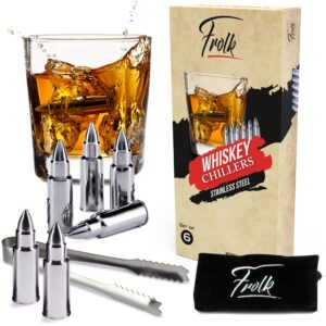 stainless steel whiskey stones set of 6 - gift for him - dad, grandpa, husband - chilling rocks for whisky, bourbon, scotch with tongs & freezer pouch in premium gift box