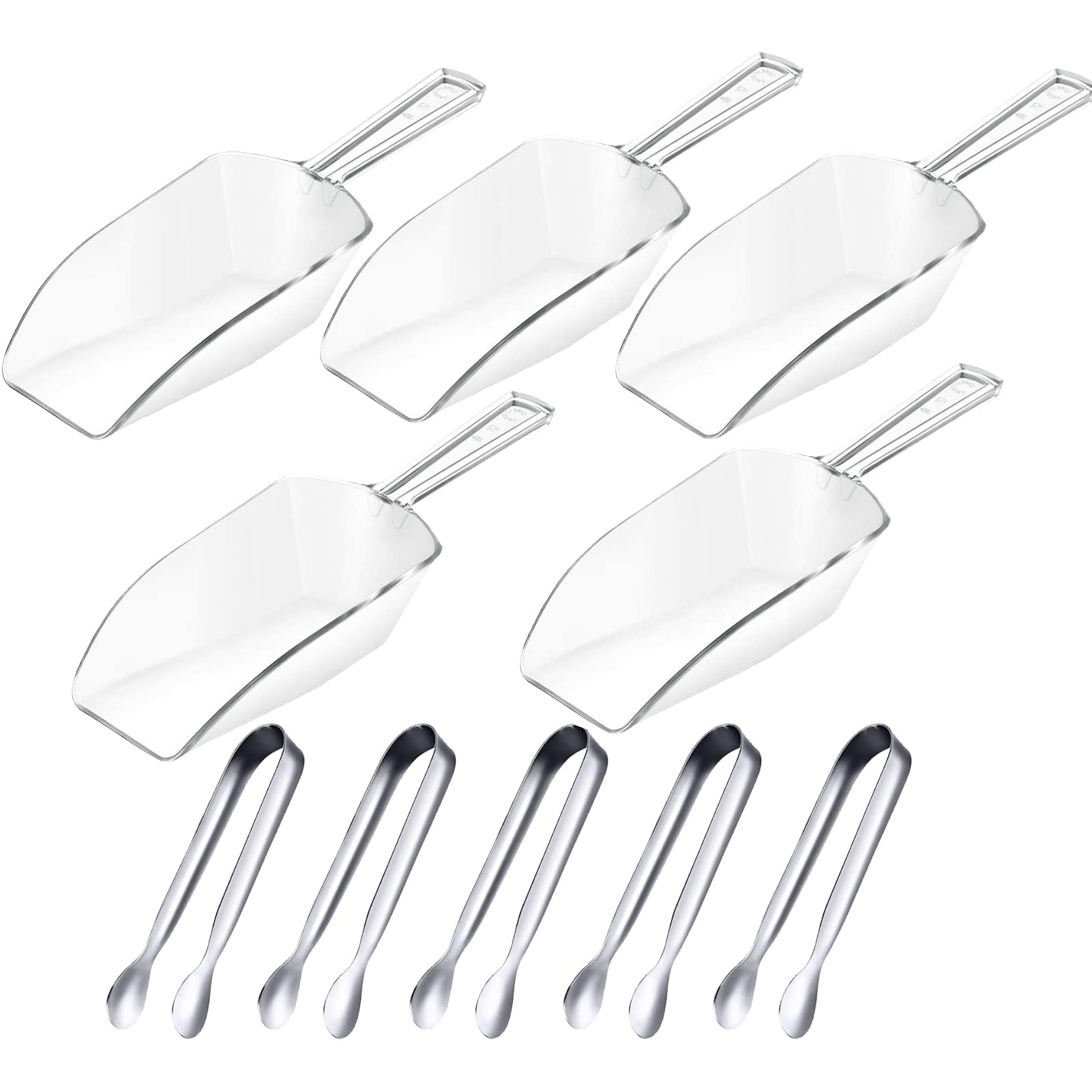 Cszlove 5Pcs Ice Tongs and 5Pcs Plastic Measuring Scoops, Serving Tongs Food Scoops Set for Sweet Candy Coffee Ice Bucket Bar Kitchen Wedding Birthday Party, Silver, Clear, 4.3'', 8.2''