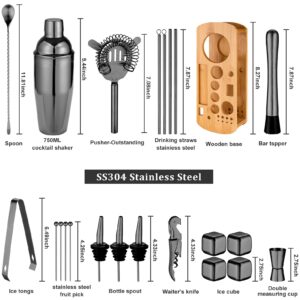 25-Piece Cocktail Shaker Set with Bamboo Stand, 304 Stainless Steel Bartender Kit, Professional Martini Shaker Bar Tool Set for Drink Mixing, Home, Bar, Party (Gun-Metal Black)