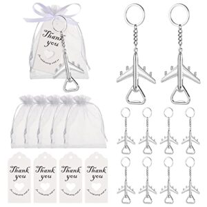 50pcs airplane bottle openers with keychain & keyrings for wedding favors, bridal shower gifts for guests or to make flight attendant gifts for a trip，include white sheer favor bag thank you card