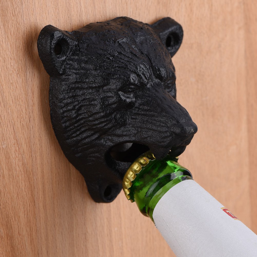 Raguso Iron Opener Black Bear Shape Cast Iron Opener Wall Mounted Beer Soda Glass Bottle Cap Opener Bottle Openning Tools For Kitchen Bar Restaurant Bottleopener