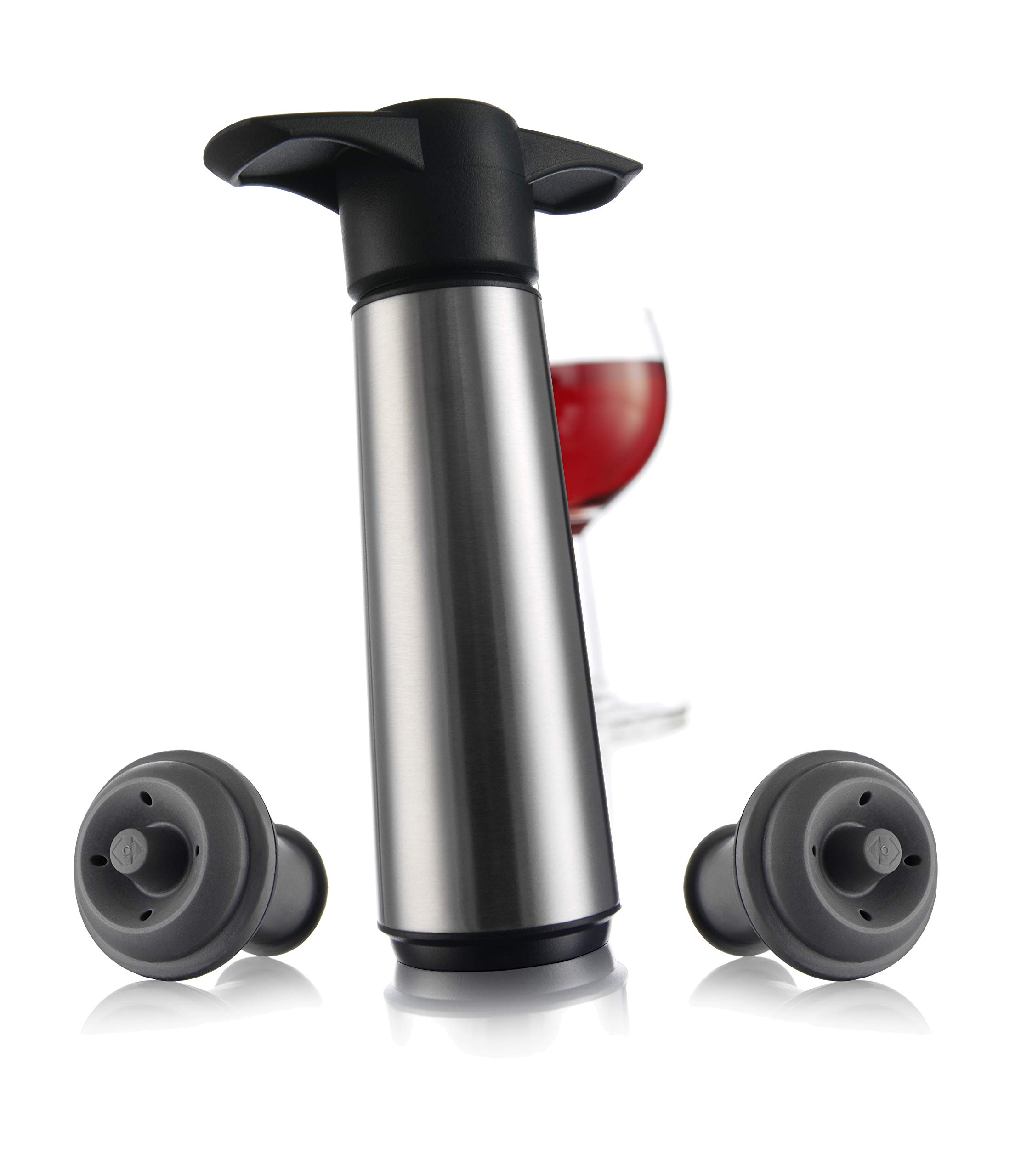 Vacu Vin Wine Saver Pump Stainless Steel with Vacuum Wine Stopper - Keep Your Wine Fresh for up to 10 Days - 1 Pump 2 Stoppers - Reusable - Made in the Netherlands