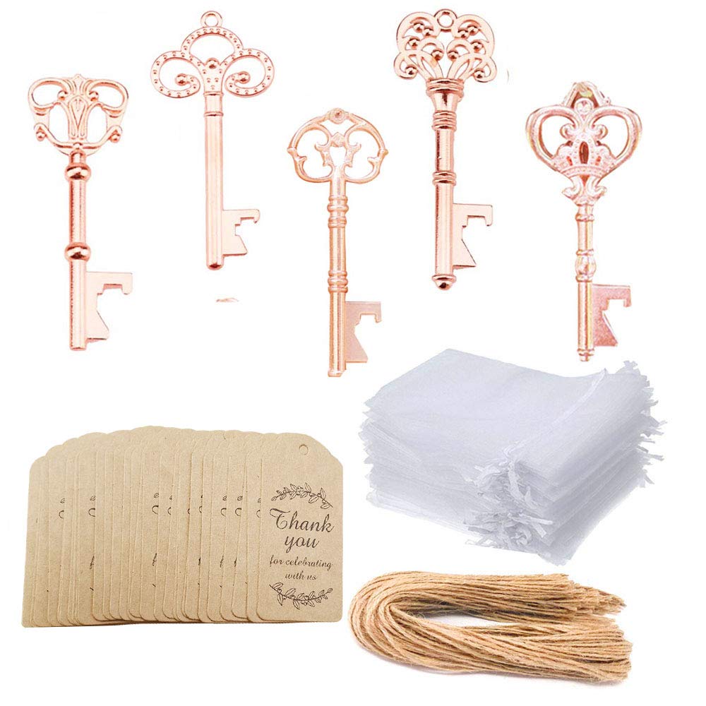 Awtlife 50 Pcs Rustic Vintage Skeleton Key Bottle Opener with Tag Cards Sheer Bag for Wedding Party Favors 5 Style Gold Rose