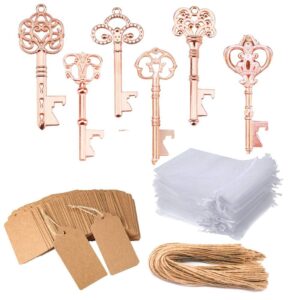 Awtlife 50 Pcs Rustic Vintage Skeleton Key Bottle Opener with Tag Cards Sheer Bag for Wedding Party Favors 5 Style Gold Rose