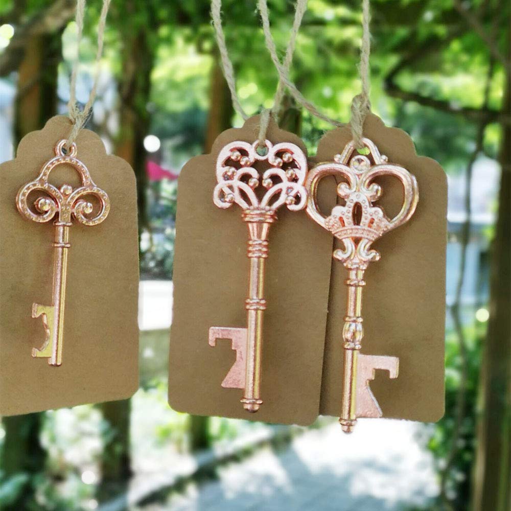 Awtlife 50 Pcs Rustic Vintage Skeleton Key Bottle Opener with Tag Cards Sheer Bag for Wedding Party Favors 5 Style Gold Rose