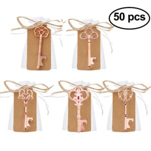 Awtlife 50 Pcs Rustic Vintage Skeleton Key Bottle Opener with Tag Cards Sheer Bag for Wedding Party Favors 5 Style Gold Rose