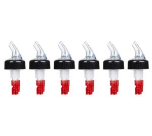 (pack of 6) measured liquor bottle pourers, 1 oz, clear spout bottle pourer with red tail and black collar, measured pour spouts by tezzorio
