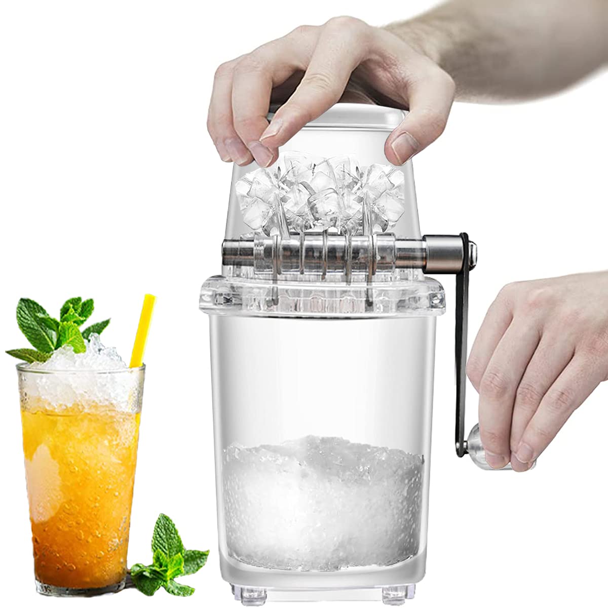 CZ-XING Ice Crusher Manual Rotary Ice Crusher Cocktails Slush Machine Ice Cube Crushed Smoothies Ice Crusher Machine Home 1.25L Chrome Plated Ice Grinder Ice cube Drinks Chopper Stirrer (Transparent)