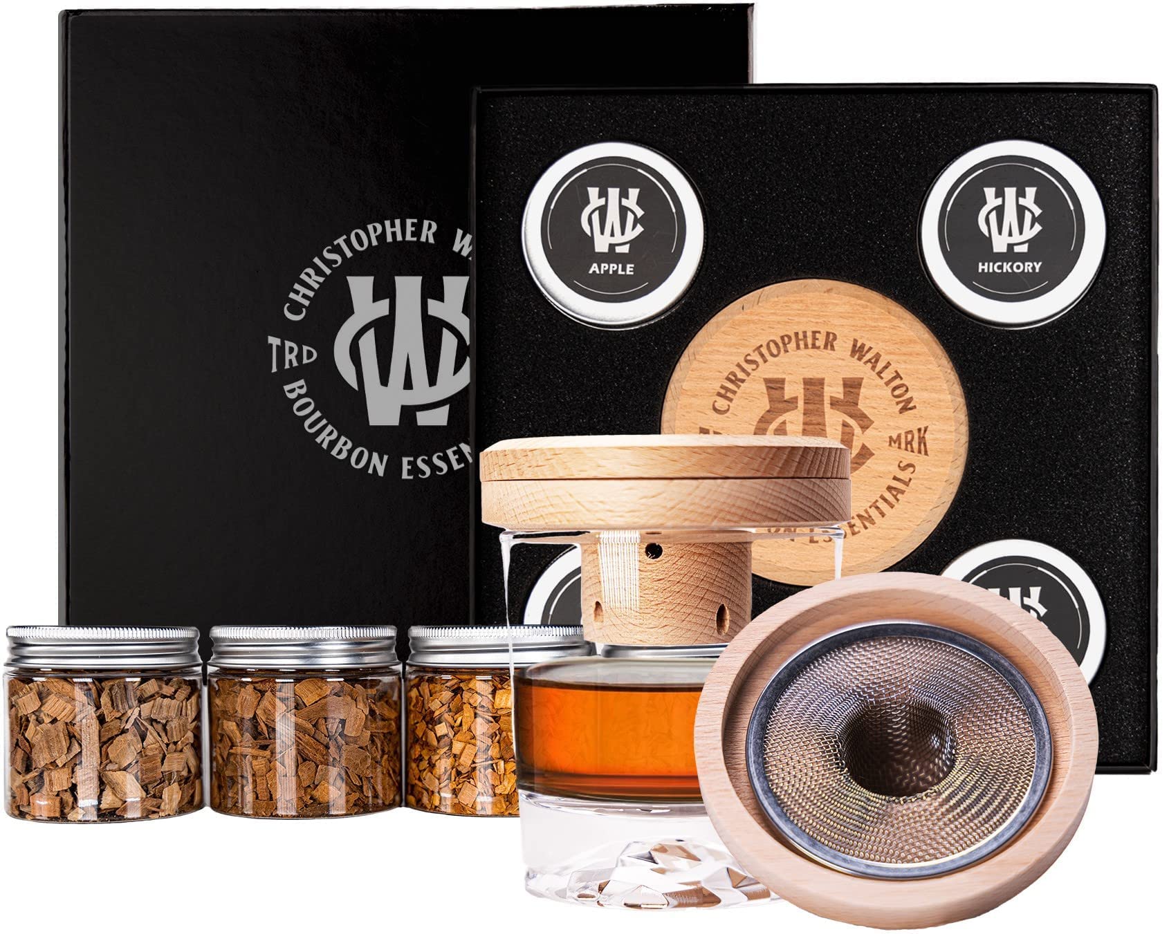 Christopher Walton - Cocktail Smoker Gift Set for the Bourbon and Whiskey Enthusiast with 4 types of Wood Chips, Cherry, Apple, Oak, and Hickory