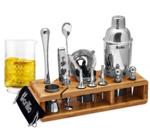 elite 23-piece bartender kit cocktail shaker set bundle with 20 oz crystal cocktail mixing glass | stainless steel bar tools with sleek bamboo stand & seamless mixing pitcher for stirred cocktail