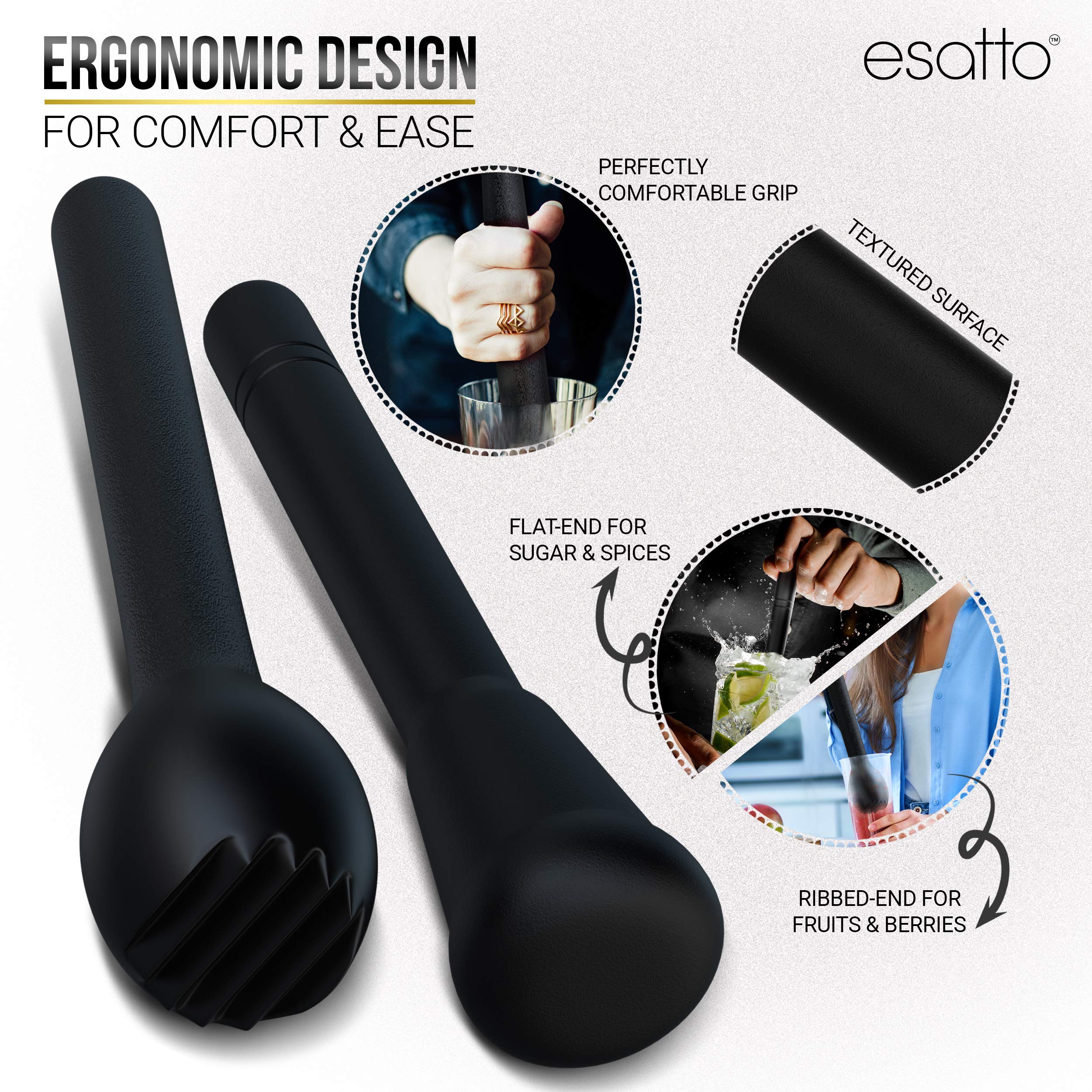Esatto Professional Bar Tool Muddler 25 CM (9 Inches) Ribbed – Made with ABS Plastic, Black Set of 2 – Durable and Ribbed for Mashing Fruits, Berries, Sugar, Spices, and Herbs