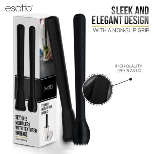 Esatto Professional Bar Tool Muddler 25 CM (9 Inches) Ribbed – Made with ABS Plastic, Black Set of 2 – Durable and Ribbed for Mashing Fruits, Berries, Sugar, Spices, and Herbs