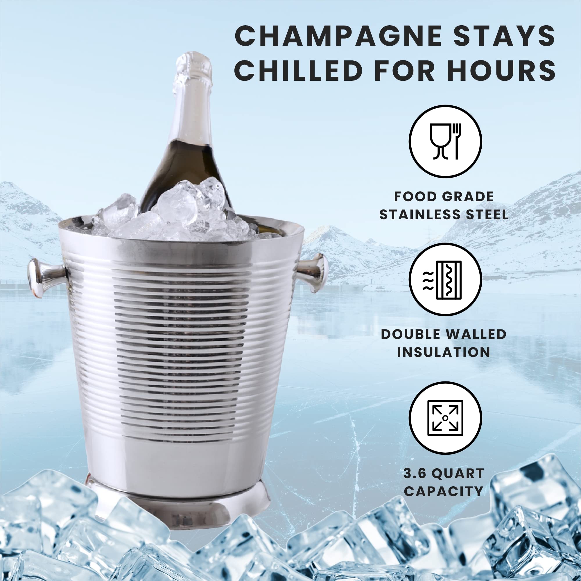 Sol Living Champagne Bucket - Double Wall Insulated Stainless Steel - Wine & Champagne Holder - Portable Chiller Bin for Bars, Parties, Commercial Use - Ribbed, 3.6 Qt