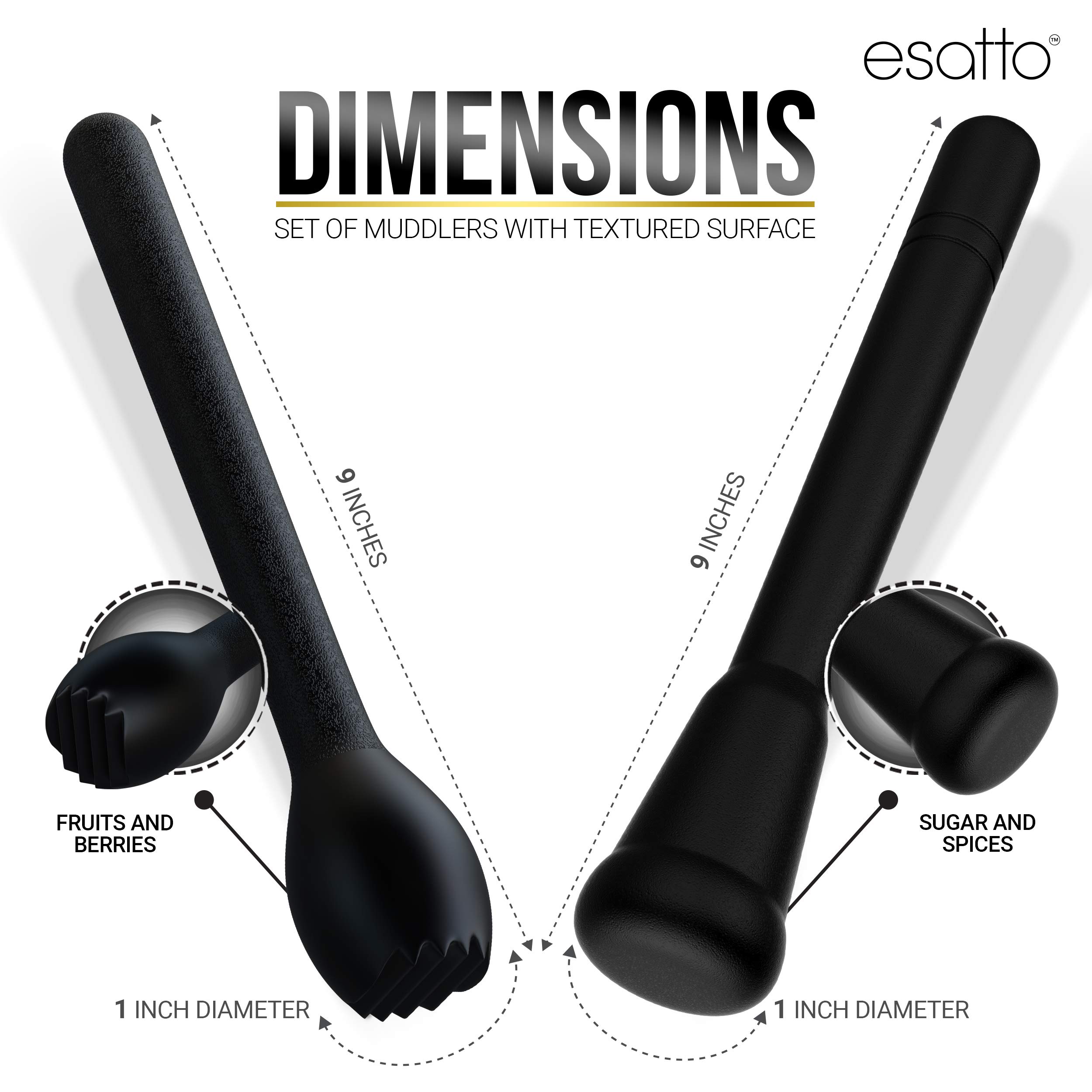 Esatto Professional Bar Tool Muddler 25 CM (9 Inches) Ribbed – Made with ABS Plastic, Black Set of 2 – Durable and Ribbed for Mashing Fruits, Berries, Sugar, Spices, and Herbs