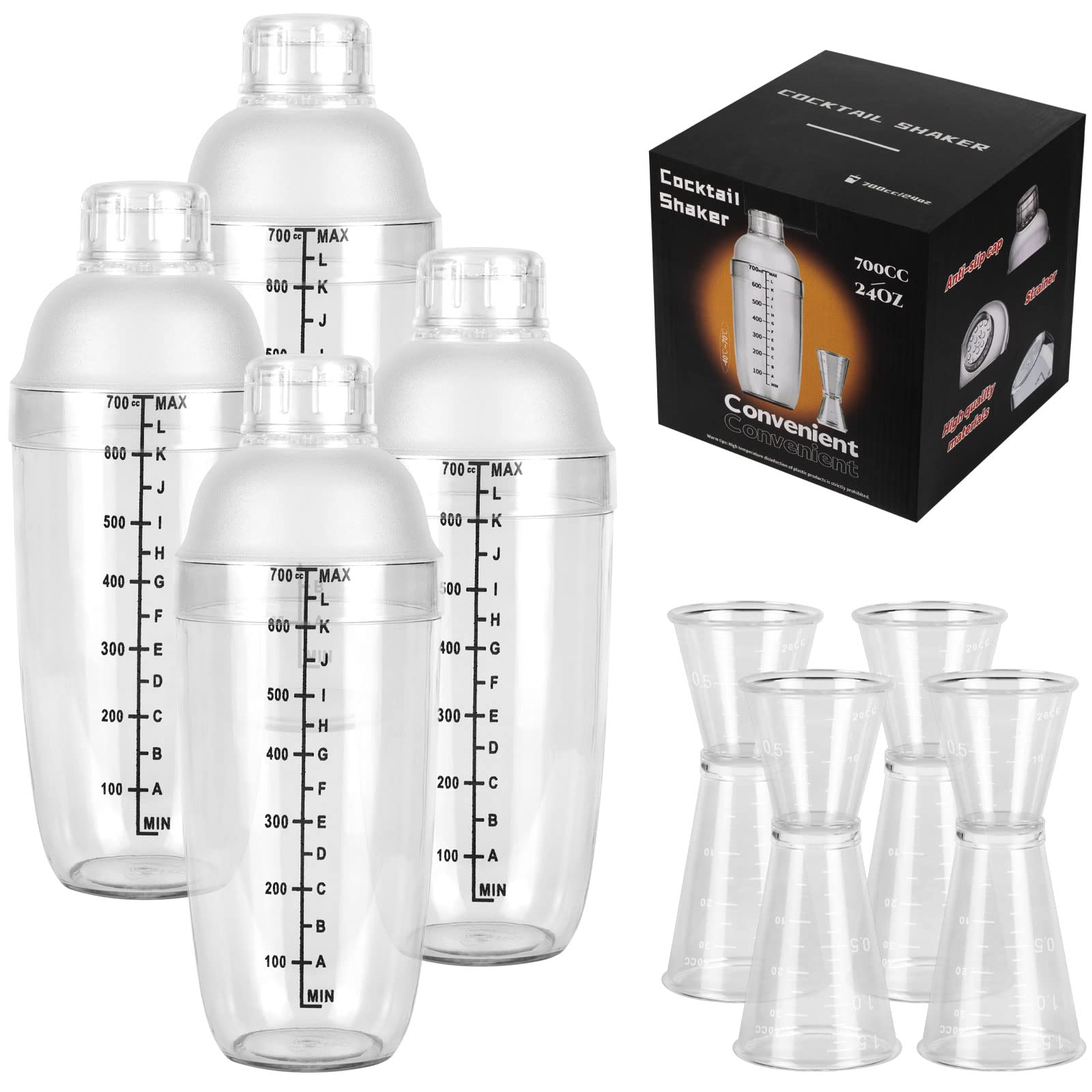 Plastic Cocktail Shaker - 4pcs Clear Cocktail Shaker Set with 4pcs Plastic Cocktail Double Measuring Jigger