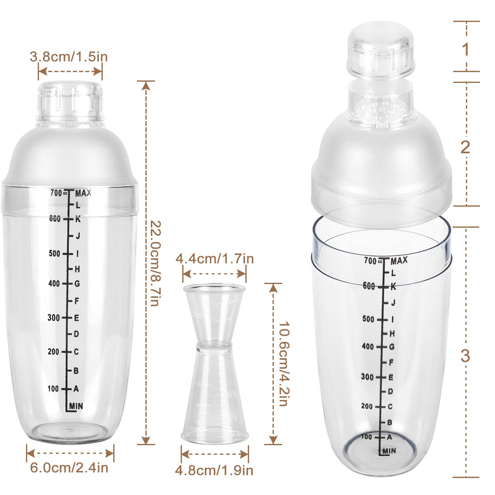 Plastic Cocktail Shaker - 4pcs Clear Cocktail Shaker Set with 4pcs Plastic Cocktail Double Measuring Jigger