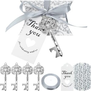 100 pcs wedding favors key bottle opener wedding bridal shower party gifts for guest bulk vintage skeleton key bottle opener with escort tag cards, candy boxes and ribbon (silver)