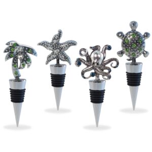 Cheers Sea Turtle, Starfish, Palm Tree, Octopus Metal Wine Stopper Set of 4 – Fun Vacuum Seal Reusable Wine Bottle Stoppers – Airtight Leak Proof Bottle Topper Cork Plug – Home Bar Accessory