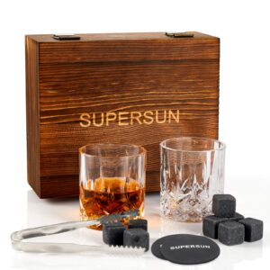 whiskey glasses stones gifts set for men, pack of 2, 10 oz scotch bourbon glasses, 8 chilling rocks and wooden box for him, boyfriend, dad, husband, father, groomsmen, birthday, anniversary