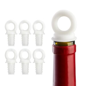 wotor wine stoppers for wine bottles，reusable silicone wine bottle stopper with ring pull on top for keep the wine fresh, set of 6, white