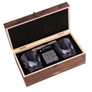 luxury whiskey glass set of 2, gift set in wooden box, includes 9 whiskey ice stones, velvet bag and stainless steel tongs. great gift for men, dad, christmas