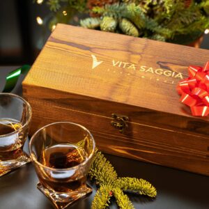 Luxury Whiskey Glass Set of 2, Gift Set in Wooden Box, Includes 9 Whiskey Ice Stones, Velvet Bag and Stainless Steel Tongs. Great Gift for Men, Dad, Christmas