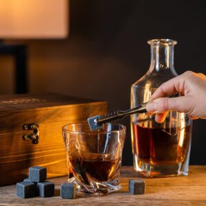Luxury Whiskey Glass Set of 2, Gift Set in Wooden Box, Includes 9 Whiskey Ice Stones, Velvet Bag and Stainless Steel Tongs. Great Gift for Men, Dad, Christmas