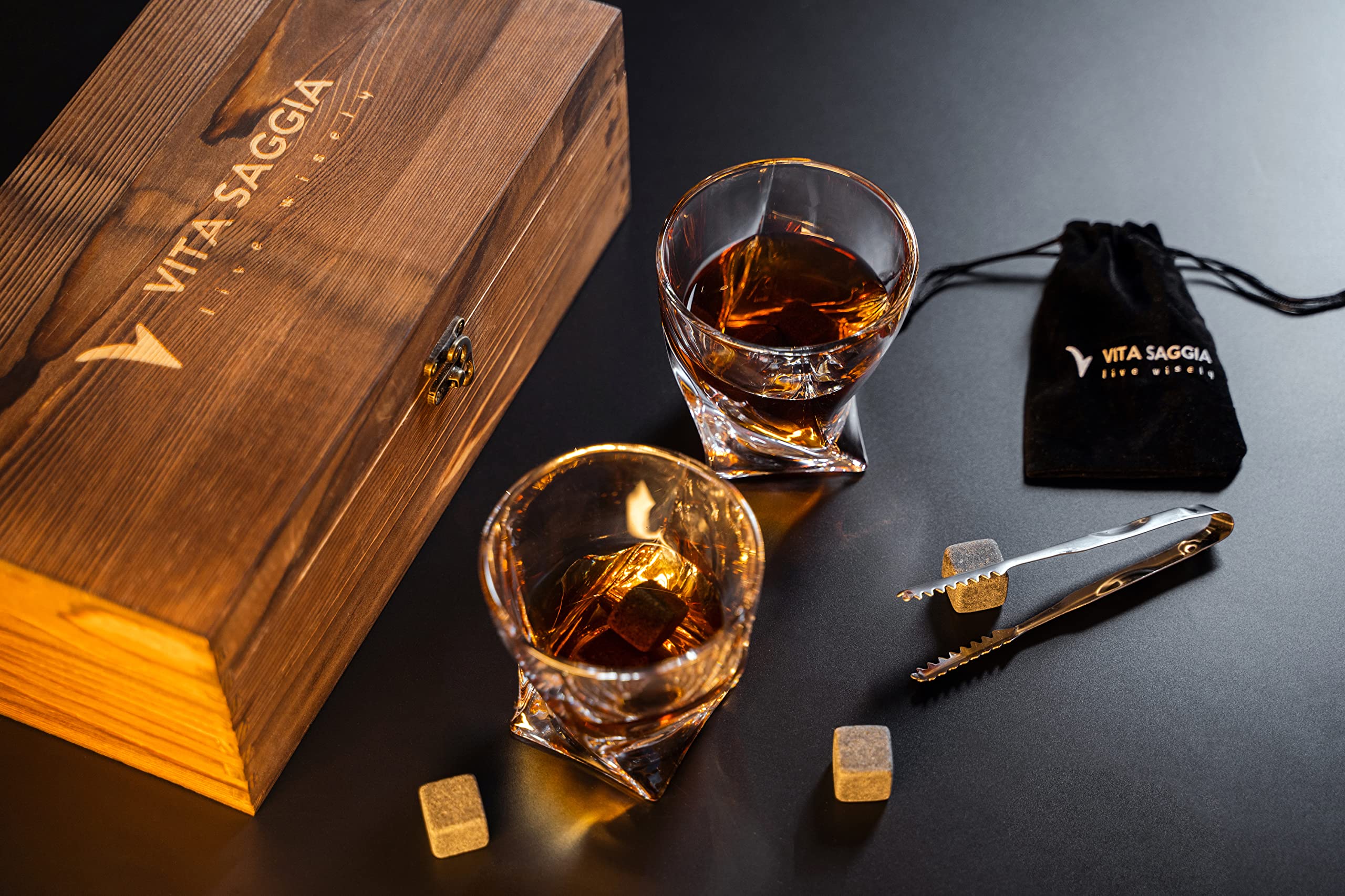 Luxury Whiskey Glass Set of 2, Gift Set in Wooden Box, Includes 9 Whiskey Ice Stones, Velvet Bag and Stainless Steel Tongs. Great Gift for Men, Dad, Christmas