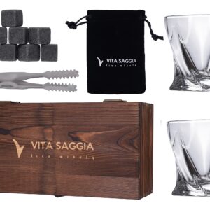 Luxury Whiskey Glass Set of 2, Gift Set in Wooden Box, Includes 9 Whiskey Ice Stones, Velvet Bag and Stainless Steel Tongs. Great Gift for Men, Dad, Christmas