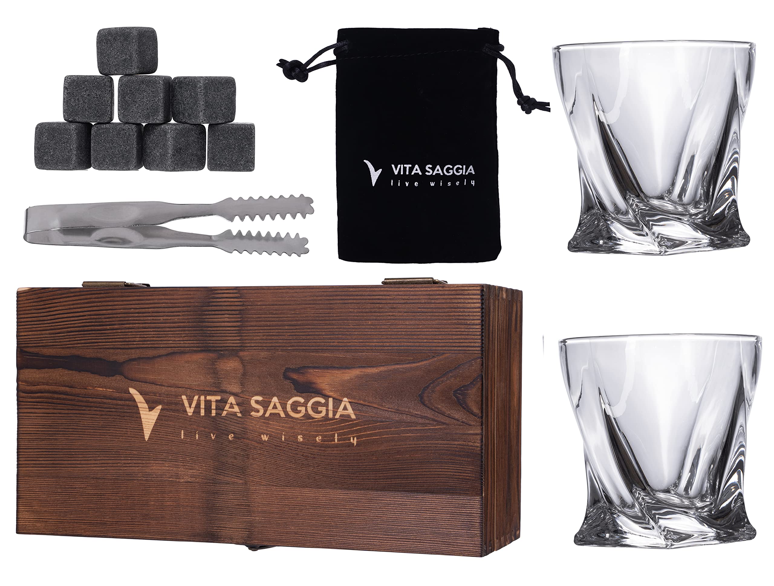 Luxury Whiskey Glass Set of 2, Gift Set in Wooden Box, Includes 9 Whiskey Ice Stones, Velvet Bag and Stainless Steel Tongs. Great Gift for Men, Dad, Christmas