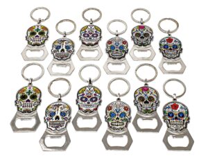 arimex day of the dead sugar skull keychain bottle opener 12 pcs. mexican party favor dia de los muertos sugar skulls key chains beer bottle opener. (sugar skull 3) (sk1)