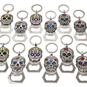 Arimex Day of the Dead Sugar Skull Keychain Bottle opener 12 Pcs. Mexican party favor Dia de los muertos sugar skulls key chains beer bottle opener. (Sugar Skull 3) (SK1)