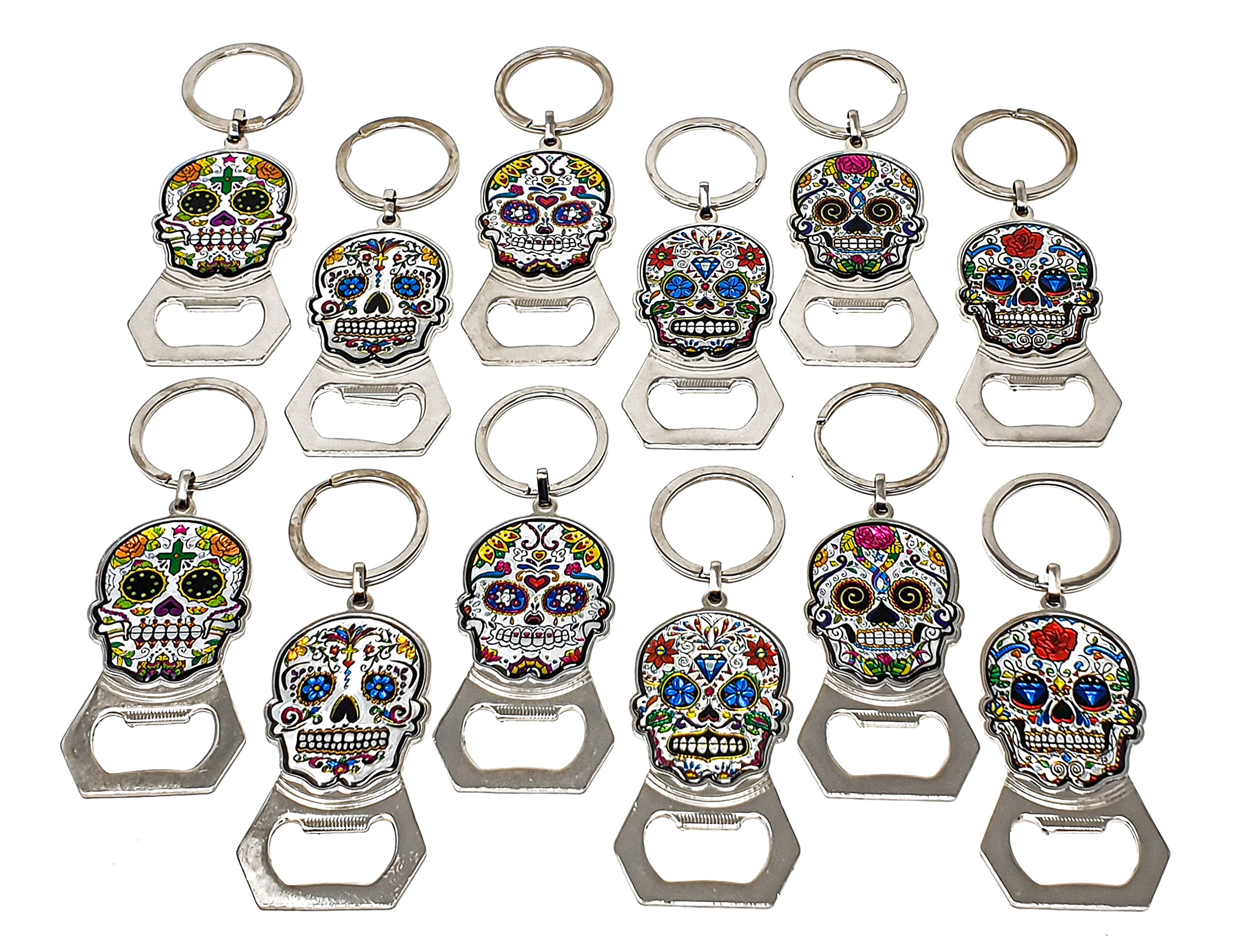 Arimex Day of the Dead Sugar Skull Keychain Bottle opener 12 Pcs. Mexican party favor Dia de los muertos sugar skulls key chains beer bottle opener. (Sugar Skull 3) (SK1)