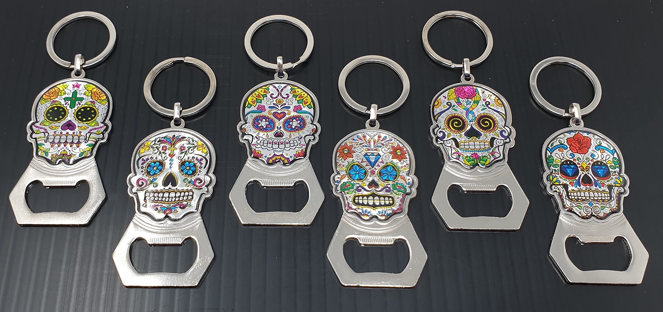 Arimex Day of the Dead Sugar Skull Keychain Bottle opener 12 Pcs. Mexican party favor Dia de los muertos sugar skulls key chains beer bottle opener. (Sugar Skull 3) (SK1)