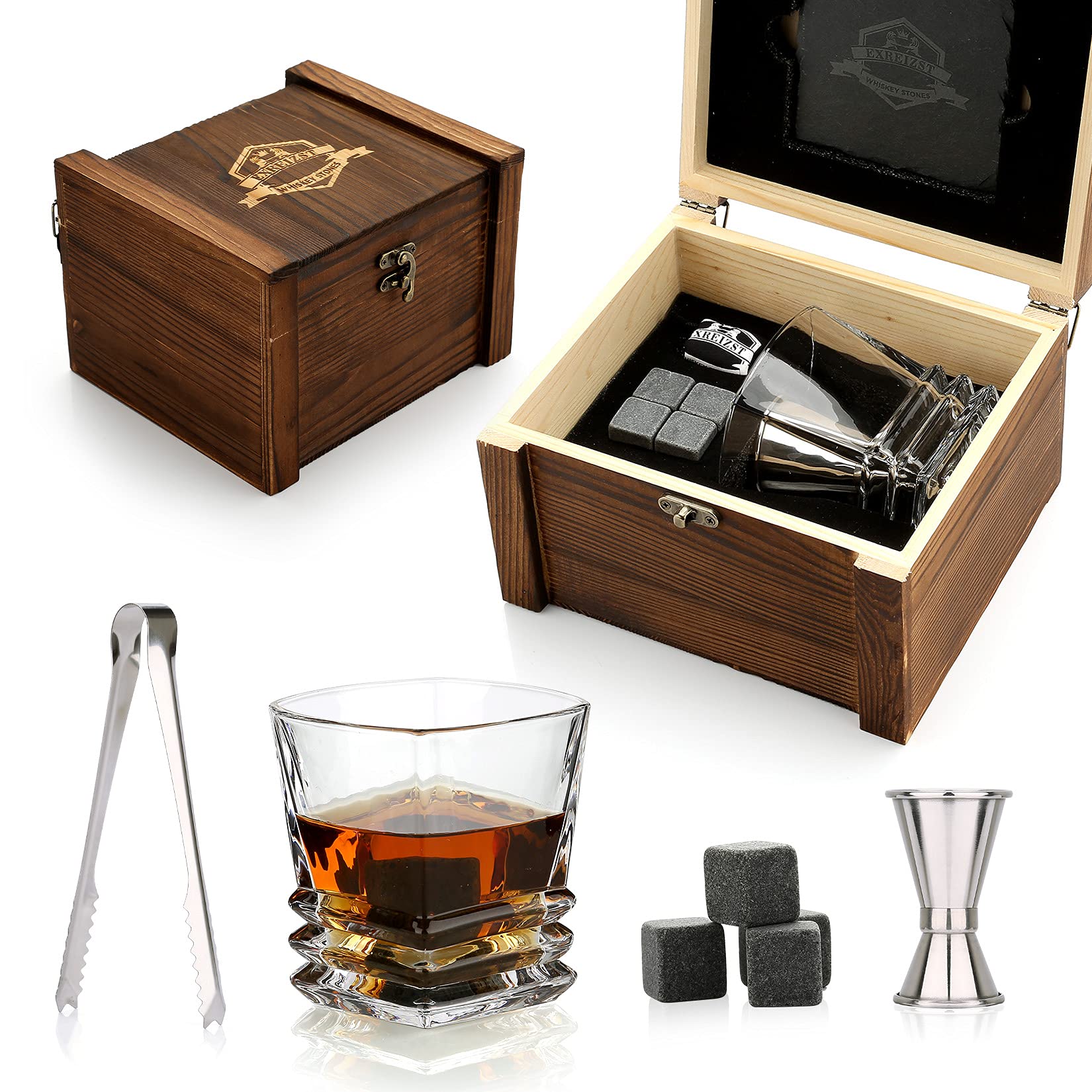 EXREIZST Whiskey Stones Gift Set - Whiskey Gifts for Men, Granite Chilling Whiskey Rocks, Scotch Bourbon Whiskey Glass Gift Box Set, Best Drinking Gifts for Dad Husband Birthday Party Holiday Present