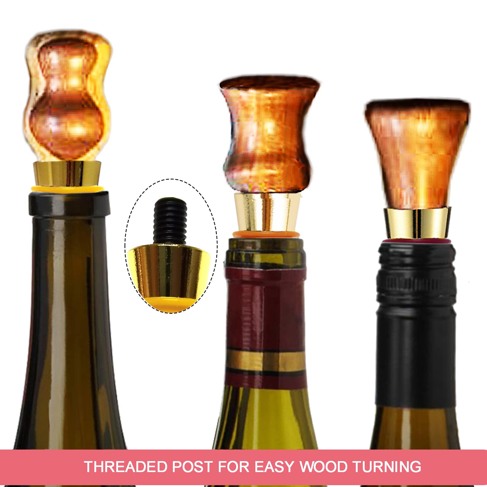 Blank Wine Bottle Stoppers 10 Pieces Colorful Sealing Ring Metal Bottle Stopper with Threaded Post Reusable DIY Handmade Project for Wedding Wine Party Wood Turning (Gold,8 x 1.25 Thread Size)