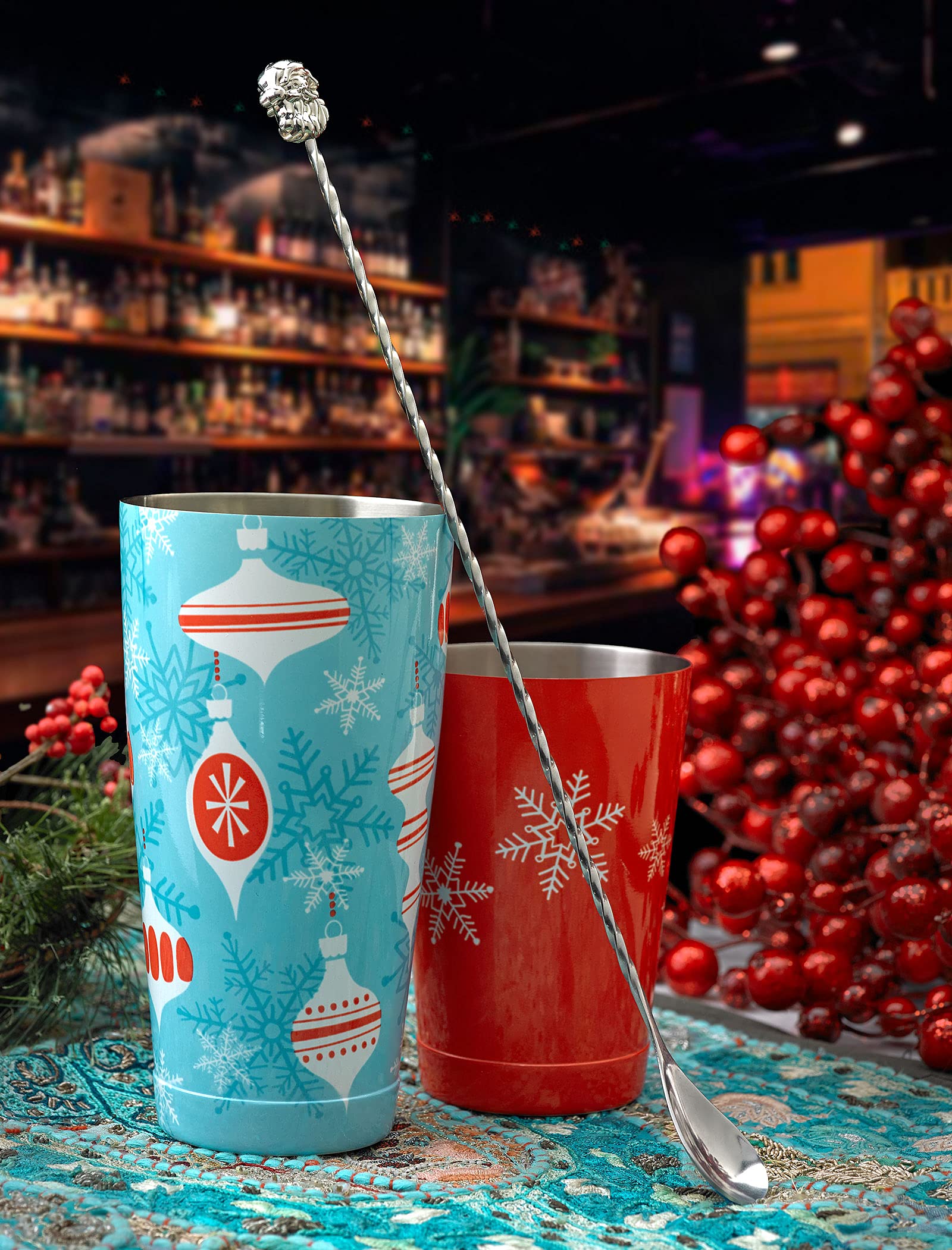 Barfly Holiday Ornaments Cocktail Shaker Set with Santa Spoon