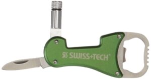 swiss+tech st60319 3-in-1 bottle opener multi-tool with knife and led flashlight, green (single pack)