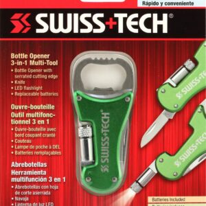 SWISS+TECH ST60319 3-in-1 Bottle Opener Multi-Tool with Knife and LED Flashlight, Green (Single Pack)
