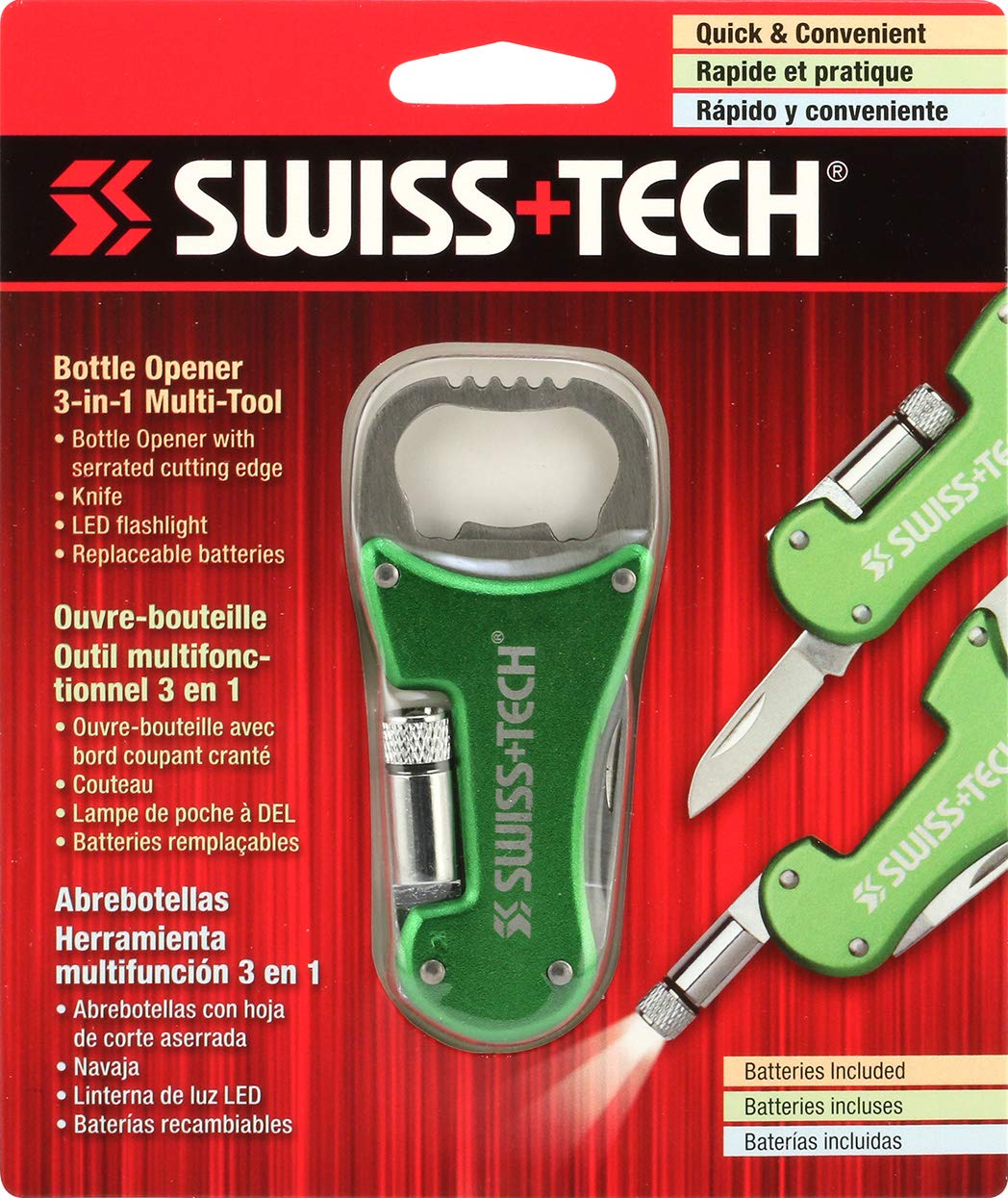 SWISS+TECH ST60319 3-in-1 Bottle Opener Multi-Tool with Knife and LED Flashlight, Green (Single Pack)