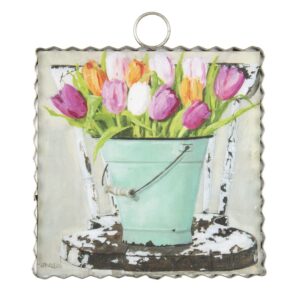 the round top collection - mini gallery bucket of tulips, 6" x 1" x 7" spring themed décor, metal & wood