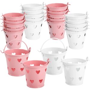 tosnail 20 pack mini metal buckets with handle, small tin buckets for party favors, candy buffet containers - pink and white with heart-shaped hollow