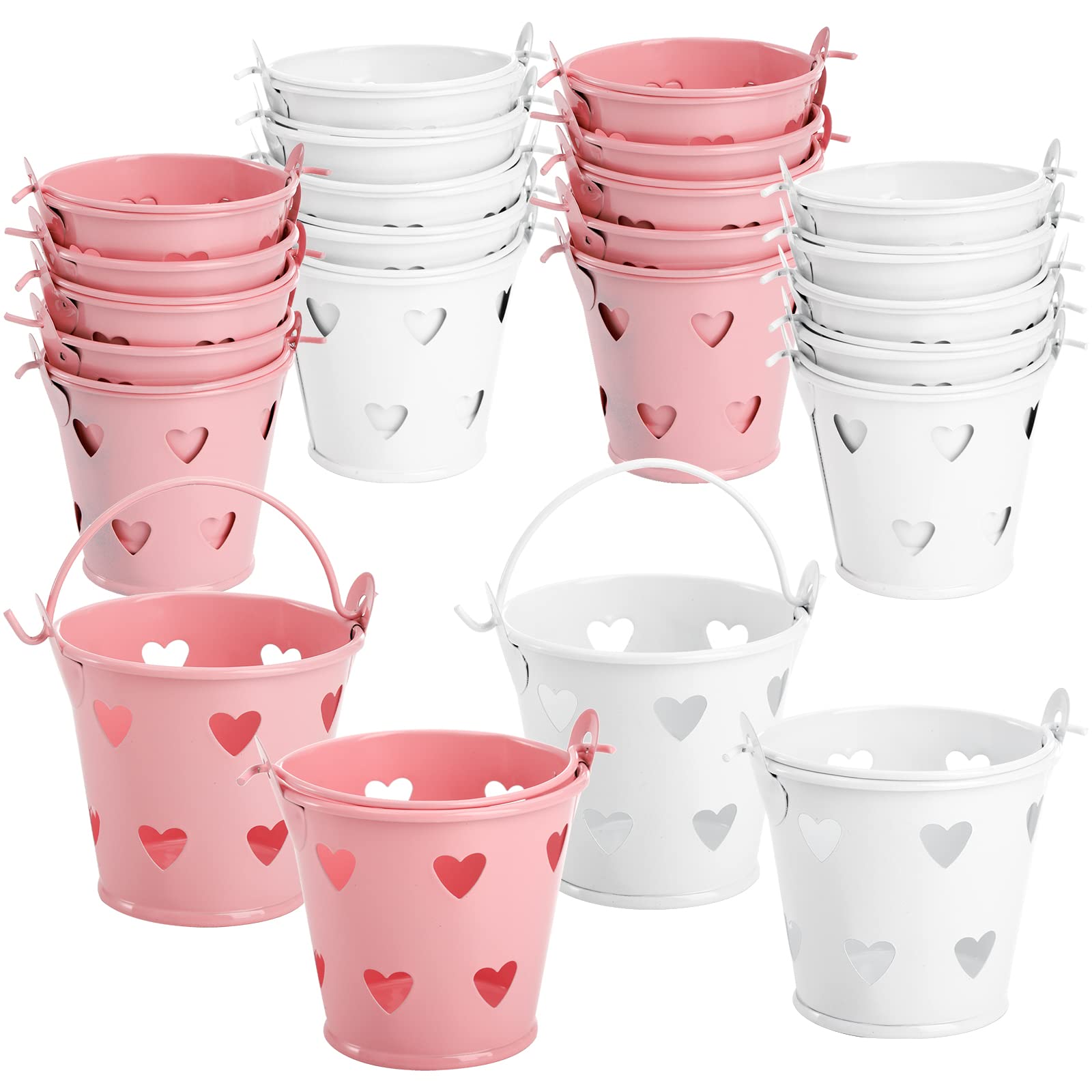 Tosnail 20 Pack Mini Metal Buckets with Handle, Small Tin Buckets for Party Favors, Candy Buffet Containers - Pink and White with Heart-Shaped Hollow