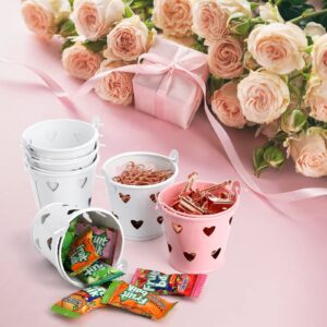 Tosnail 20 Pack Mini Metal Buckets with Handle, Small Tin Buckets for Party Favors, Candy Buffet Containers - Pink and White with Heart-Shaped Hollow